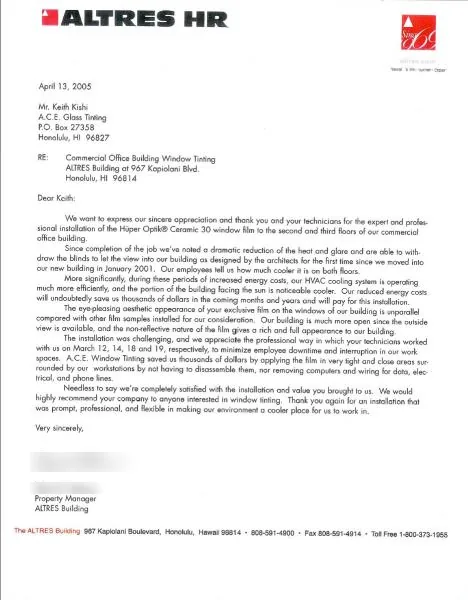 Testimonials — window film by Ace Glass Tinting